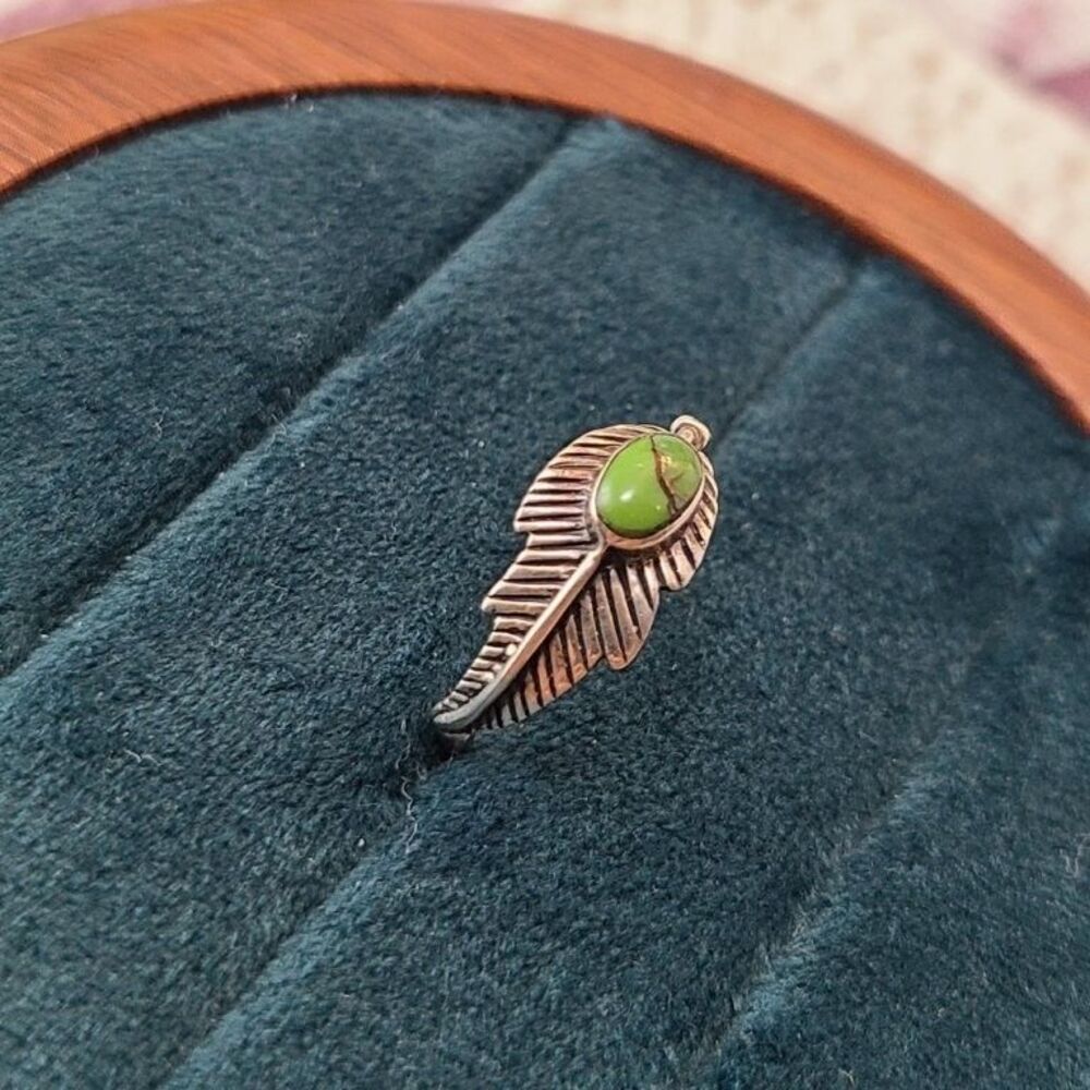 Vintage 925 Sterling Silver Feather Ring Green Turquoise Philippines Boho size 8